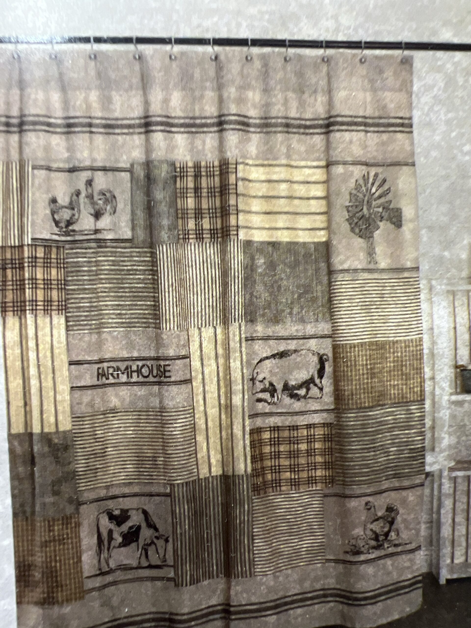 Sawyer Mills Charcoal Stenciled Patchwork Shower Curtain 72x72